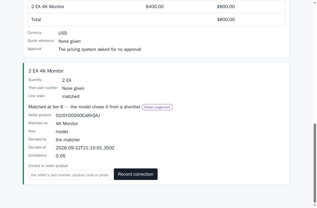 The review portal: one quote line with its match tier, confidence, and a correction box