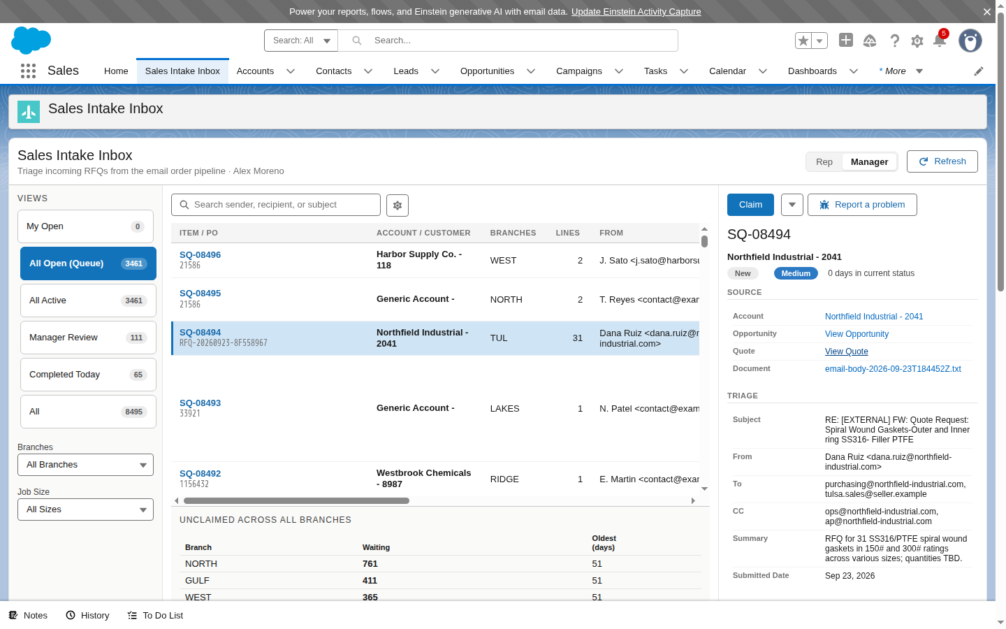 The Sales Intake Inbox inside Salesforce: views by status, a queue of incoming RFQs with account, branch, line count and sender, and a detail pane with Claim, source links and the email triage