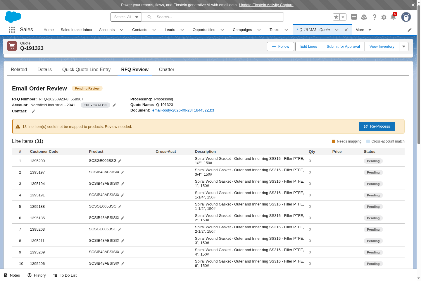 The RFQ Review tab on a Salesforce quote: the request's lines with customer code, matched product, description, quantity and status, a warning that 13 lines need mapping, and a Re-Process button